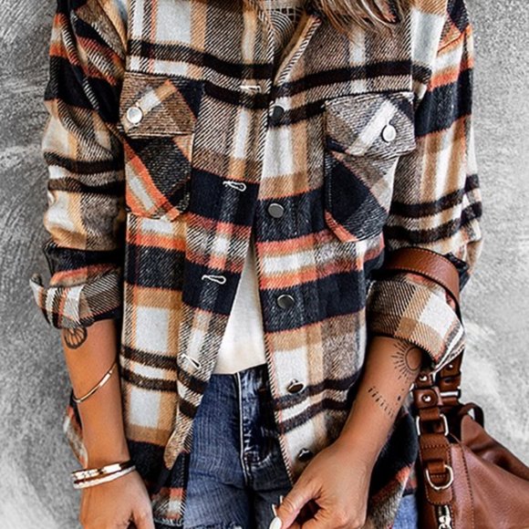Tops - Womens Long Sleeve Plaid Button Down Flannel Shirt